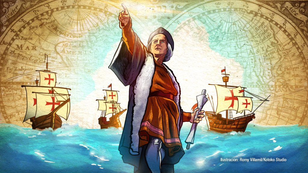 Cristóbal Colón descubrió en 1492 América. Fue patrocinado por los Reyes Católicos y navegó con su tripulación en tres carabelas: La Niña, La Pinta y la Santa María.